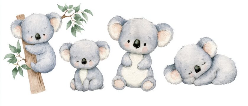 Cute watercolor illustration of a koala climbing a tree and sleeping, four different poses in a horizontal row, character sheet, isolated on a white background, soft colors, children's book