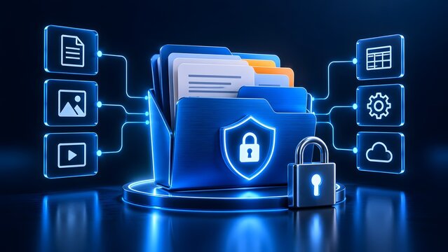 Digital data security concept showcasing a secure folder with padlock and glowing icons for file management and privacy