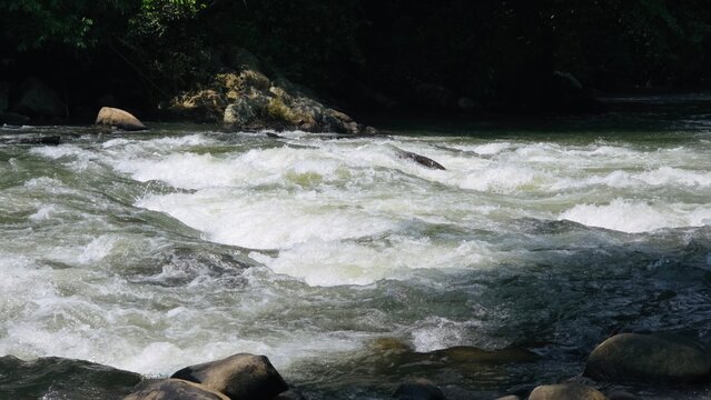 White Water Rapids Flowing Fast Over River Rocks