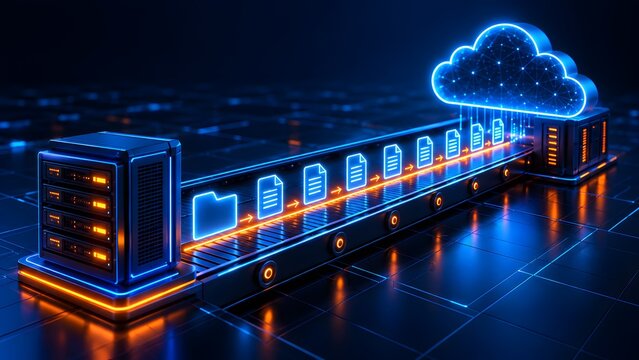 Futuristic digital data transfer from server to cloud computing via a glowing conveyor belt, illustrating network infrastructure and document flow.