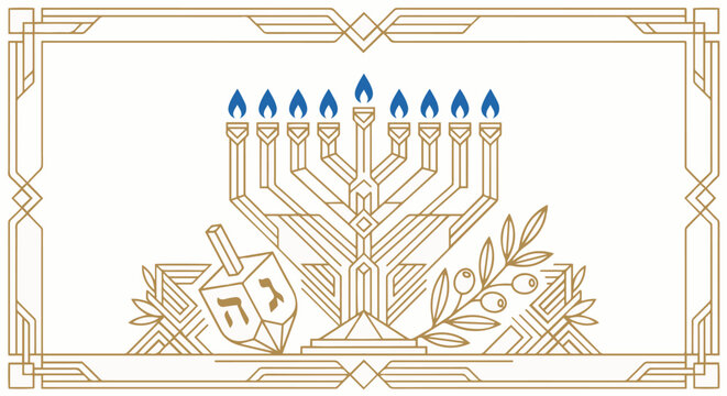 Art Deco Geometric Hanukkah Menorah and Dreidel Vector Illustration