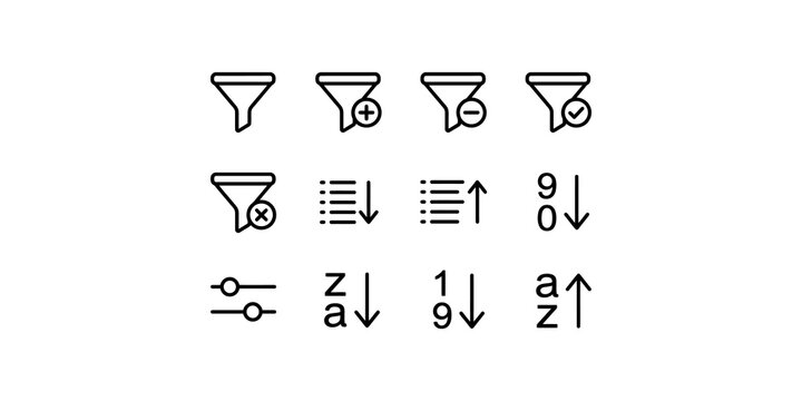 Filter and sort icons vector illustration with various symbols for data organization and management.
