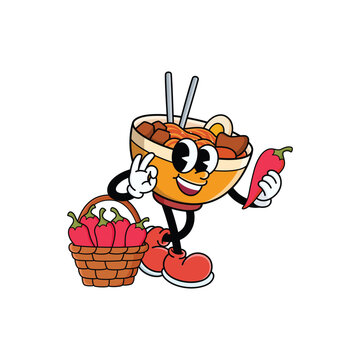 Smiling Korean Food Kimchi Bowl Mascot Carrying Basket of Red Chili Peppers Cartoon Character