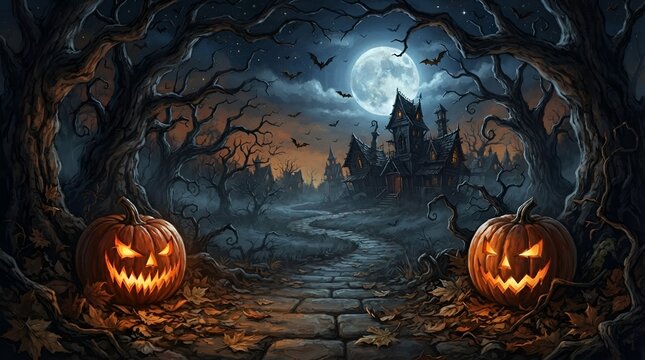 Halloween pumpkin head jack lantern with burning candles, Spooky Forest with a full moon and wooden table, Pumpkins In Graveyard In The Spooky Night - Halloween Backdrop