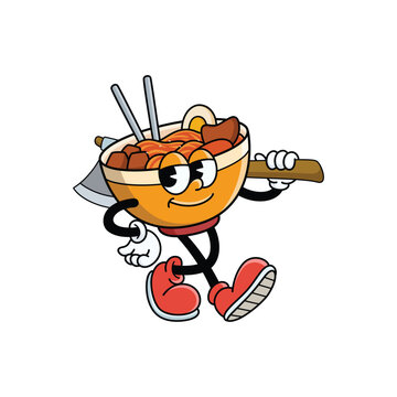 Korean Food Kimchi Bowl Mascot Holding Cleaver Cartoon Character Illustration