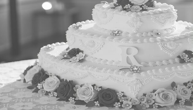 Elegant three-tier wedding cake decorated with roses and a letter R monogram topper.