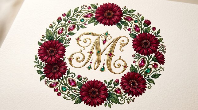 Letter M monogram inside a floral wreath with red flowers and decorative gemstones