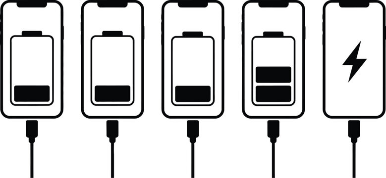 Smartphone Charging Set Vector Icon, Isolated Phone Battery Charging Symbols on Transparent Background for Mobile Technology, Power, Energy, Devices, and Digital Design.