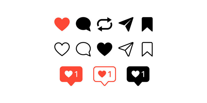Social media engagement icon set featuring black and red heart comment share and bookmark shapes for web interface.