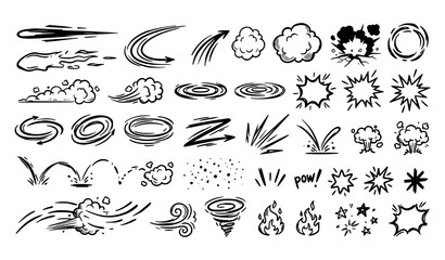 Explosive comic boom blast speed and smoke hand drawn action effect vector elements © MdRoton
