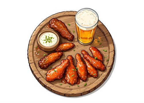Hand Drawn Chicken Wings with Beer and Dip Illustration Vector Art