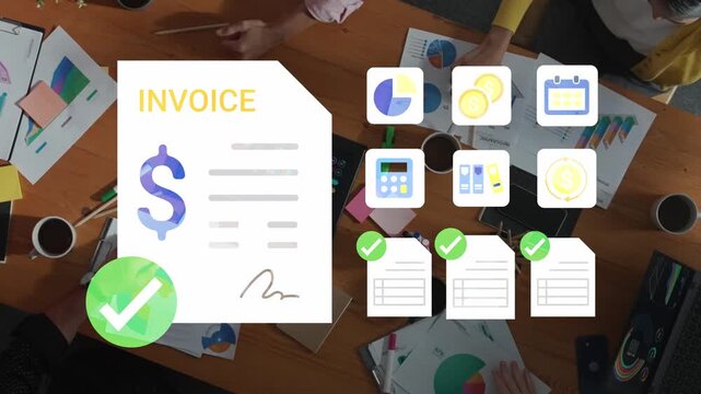 Group of diverse individuals collaborating on financial projects with invoice document and icons representing budgeting, planning, and organization concepts Gluon.