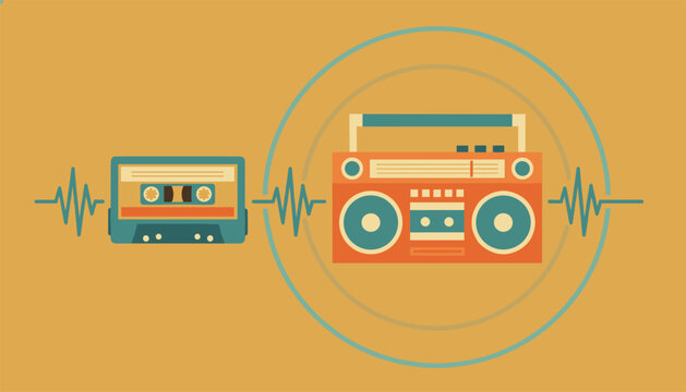 Retro cassette tape and orange boombox with sound waves on a warm yellow background in a flat vector style.