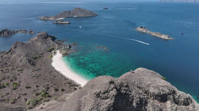 Aerial view of pink beach of Padar island in Komodo national park, Indonesia