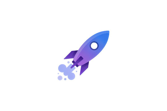 Stylized 3D space rocket ship taking off with smoke trail on white background business innovation technology