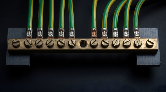 Converging green and yellow grounding wires secured to a brass busbar, serving as a powerful metaphor for stability, shared security, and channeling chaotic energy into safety.