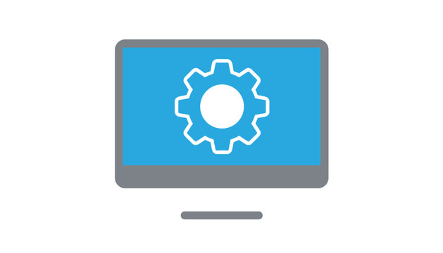 Blue computer monitor screen icon with a white gear symbol in the center representing software configuration or system settings.
