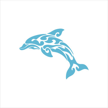 Tribal blue dolphin vector illustration with ornate swirling pattern design isolated on white transparent PNG background