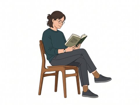 Woman sitting on a wooden chair reading a book, wearing glasses and casual clothing, isolated on white background