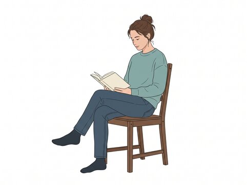 Young woman sitting on a wooden chair reading a book, isolated on white background