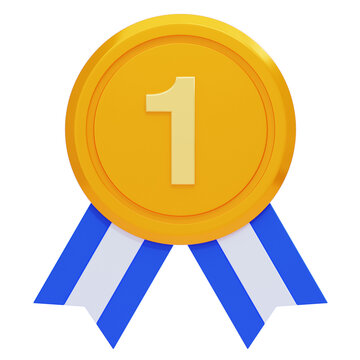 3D gold first place medal award with blue and white striped ribbons for achievement and success recognition on white background