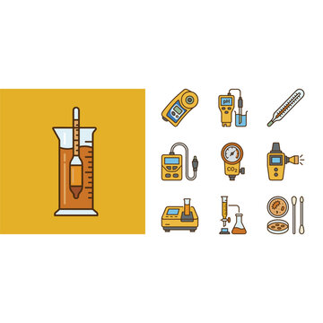 Flat design icon set for scientific measurement and quality control, featuring lab equipment and devices.