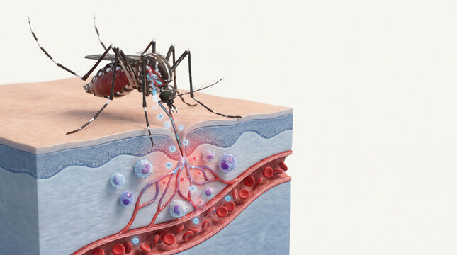 Mosquito Feeding Through Human Skin Cross Section with Blood Vessel