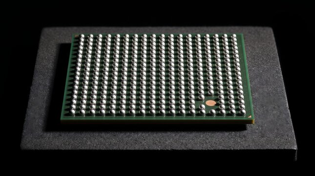 A solitary missing solder sphere among an orderly matrix of microchip contacts, reflecting a metaphor for vulnerability and digital individuality in modern technology