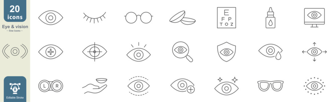 Eye and vision Web Icon Set in Line Style editable stroke