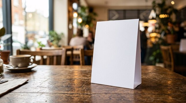 Blank vertical menu table tent mockup placed on rustic wooden table inside modern coffee shop