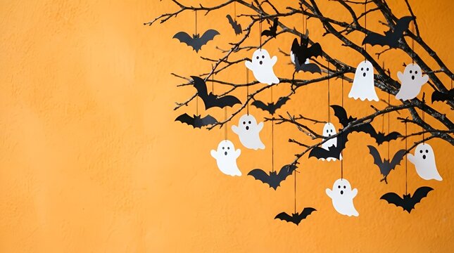 appy halloween holiday concept. Halloween decorations, bats, ghosts on orange background. Halloween party greeting card mockup with copy space. Flat lay, top view