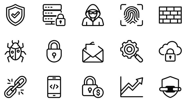 Cybersecurity and data protection linear icon set with network security information safety lock icon fingerprint scanner bug security
