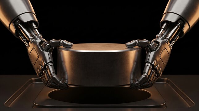 Dark humanoid robot lowering heavy metallic seismic damper block on pitch black background with rim lighting representing market volatility mitigation financial stability and risk control concept