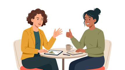 Fototapeta premium Two diverse professional women collaborating at a table with tablet and charts, showing positive feedback and teamwork