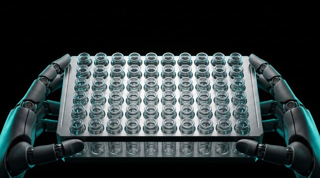 Top down macro view of dark humanoid robot holding micro vial grid rack on pitch black background with rim lighting representing pharmaceutical screening automated drug testing and lab concept
