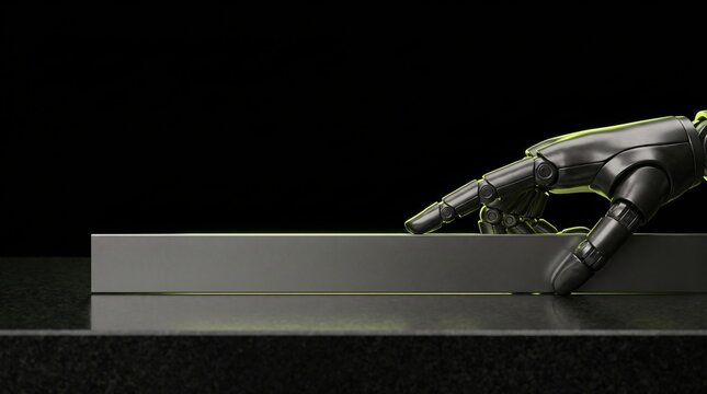 Macro shot of dark humanoid robotic hand sweeping precision straight edge ruler on dark steel slab on black background with rim lighting for flatness metrology and zero tolerance quality concept