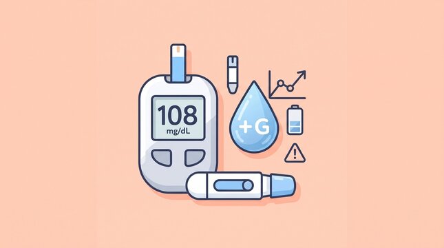 Blood Glucose Meter with Test Strip and Lancet Device, flat icon representing diabetes screening, glucose measurement, medical monitoring, and health assessment.
