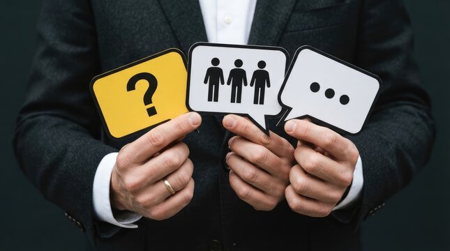 Professional holding digital signs with question group icons with figures conversation bubbles