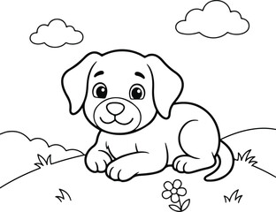 Fototapeta premium Cute cartoon puppy lying on a grassy hill with clouds and a flower