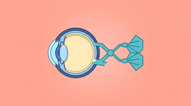 Simplified eye cross section showing retina and optic nerve isolated on a pastel coral background for ophthalmology, neuroscience, vision research and medical education.