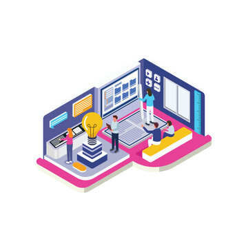 Isometric Digital Learning Innovation Scene with Online Course Interface