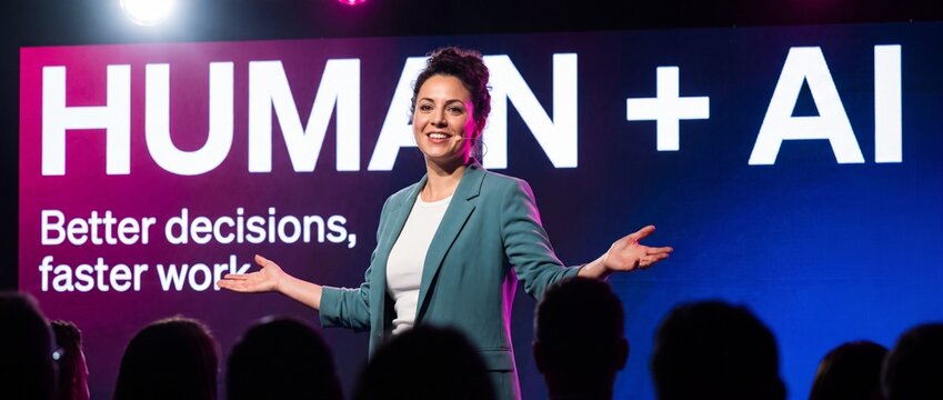 Confident woman speaker with open arms on a conference stage in front of a huge magenta and blue LED wall about people working with AI