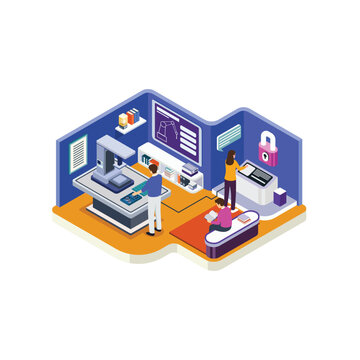 Isometric Advanced Tech Training Center with Students Learning and Security System