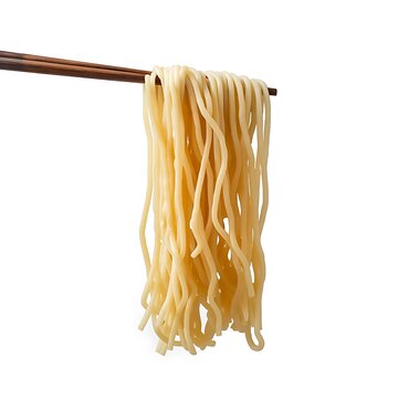 Cooked Asian Ramen Noodles Picked Up with Chopsticks Isolated on White Background