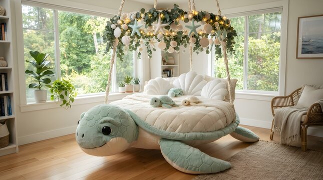 Whimsical hanging turtle bed in a bright modern bedroom with coastal decor and plush toys