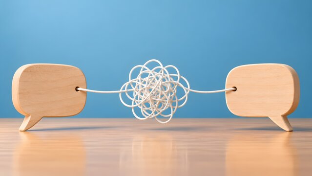 Wooden speech bubbles connected by tangled rope conceptualizing communication breakdown and difficult conversations