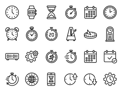 Minimalist time and clock line icons, 24 black outline timer symbols, professional schedule and management vector set