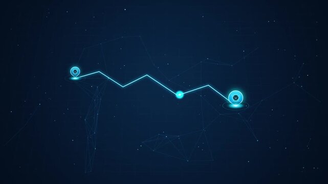 Digital line animation showing connection path progress with glowing light nodes on dark blue background for corporate data tracking and network conce