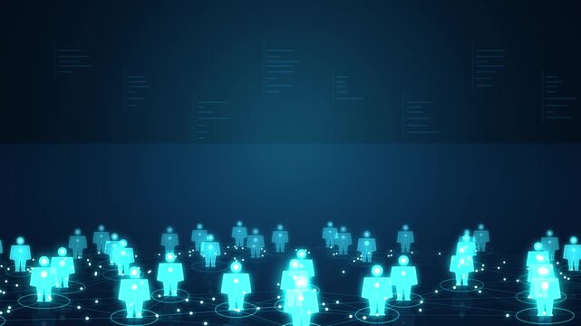 Digital Network Connectivity Motion Graphic Featuring Glowing Blue User Avatars Connected By Data Lines And Futuristic HUD Interface Floating Particle