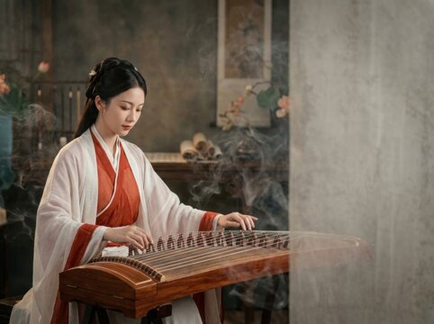 Young woman in hanfu gown performing traditional music on wooden guzheng zither in studio